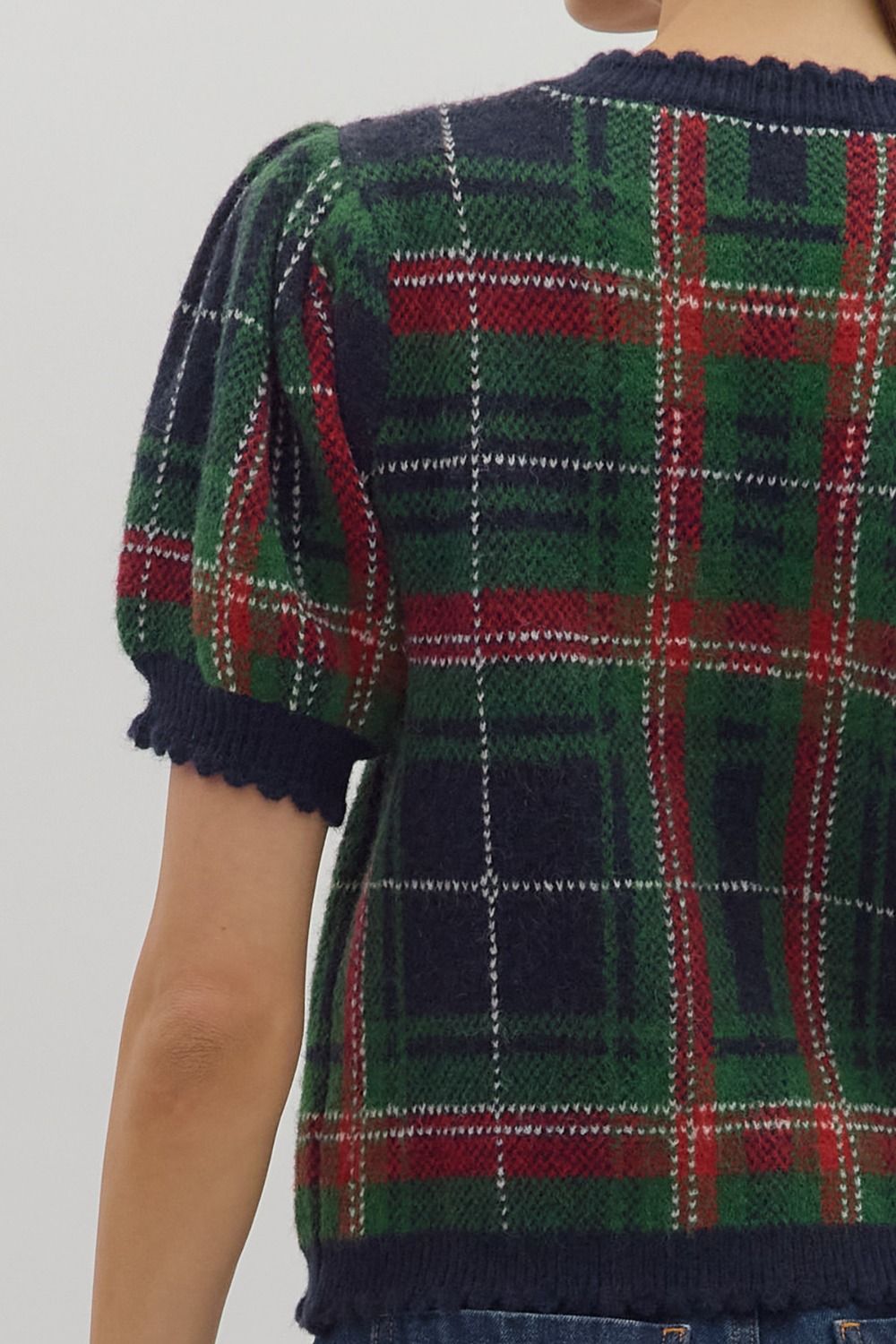 NAVY PLAID SHORT PUFF SLEEVE BUTTON UP SWEATER