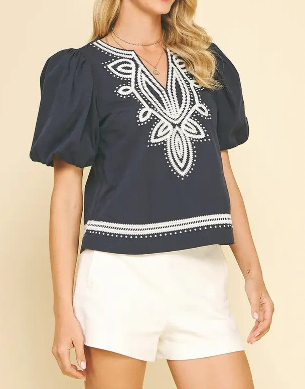 NAVY EMBROIDERY DETAIL PUFF SLEEVE TOP