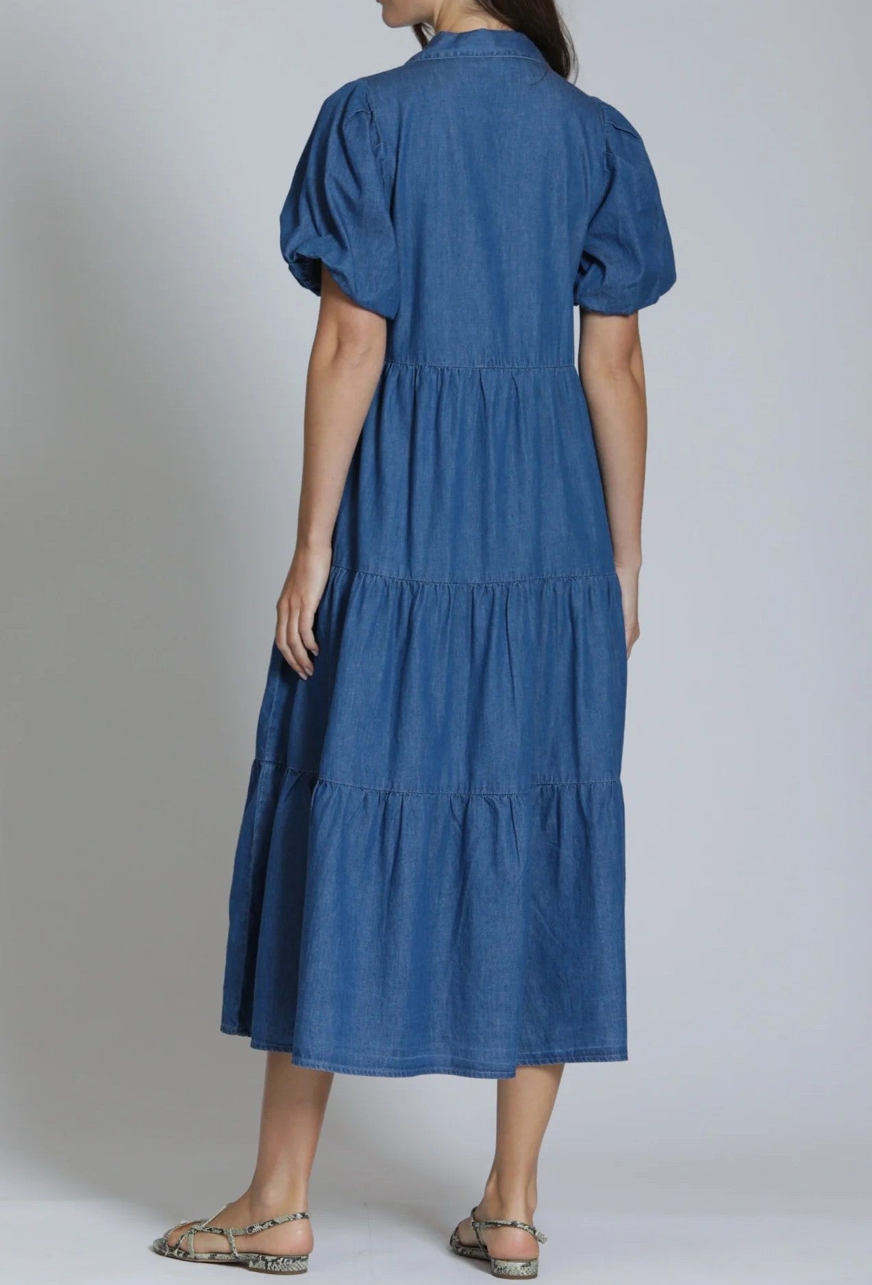 MEDIUM INDIGO DENIM SHORT PUFF SLEEVE TIERED MAXI DRESS
