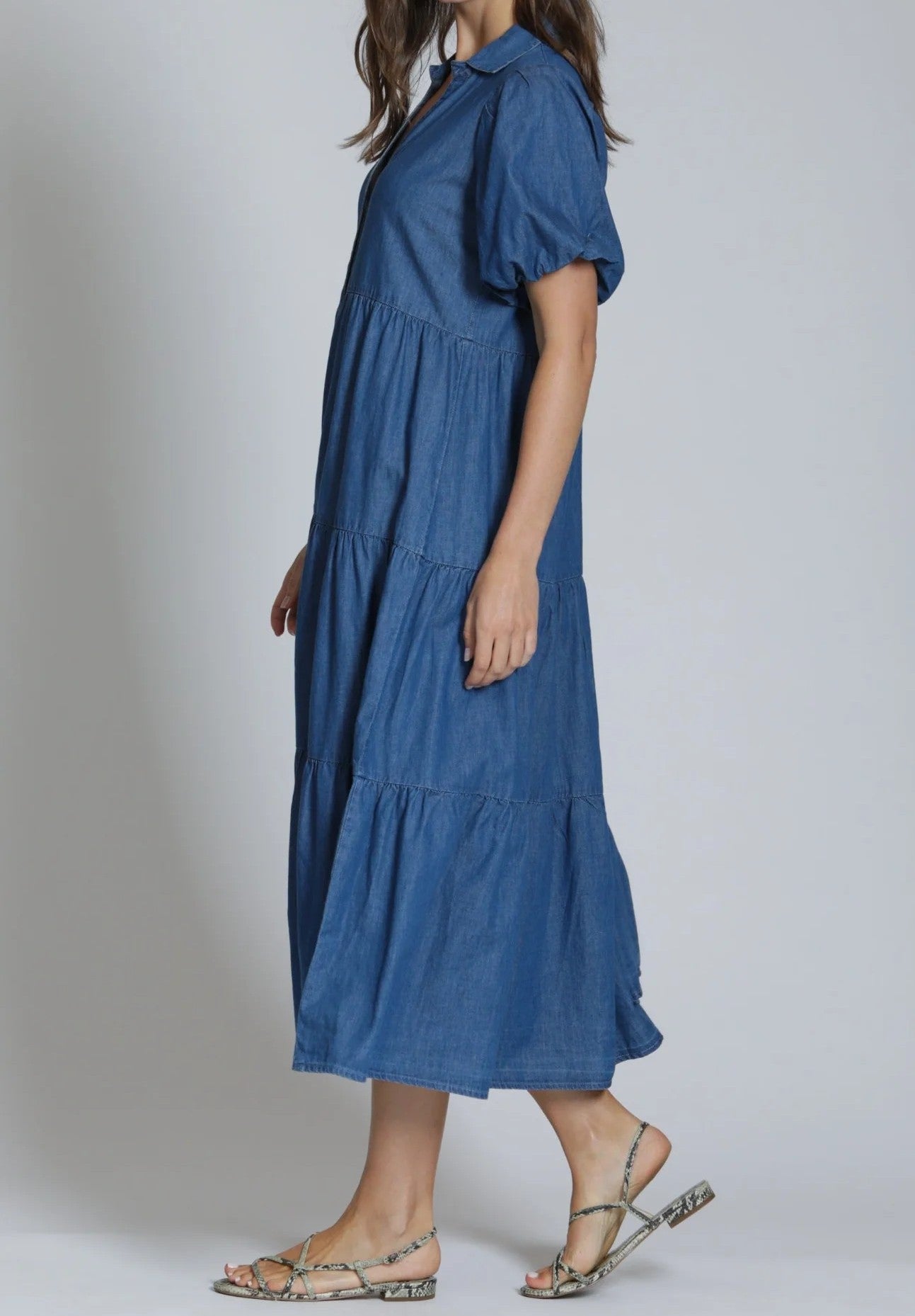 MEDIUM INDIGO DENIM SHORT PUFF SLEEVE TIERED MAXI DRESS