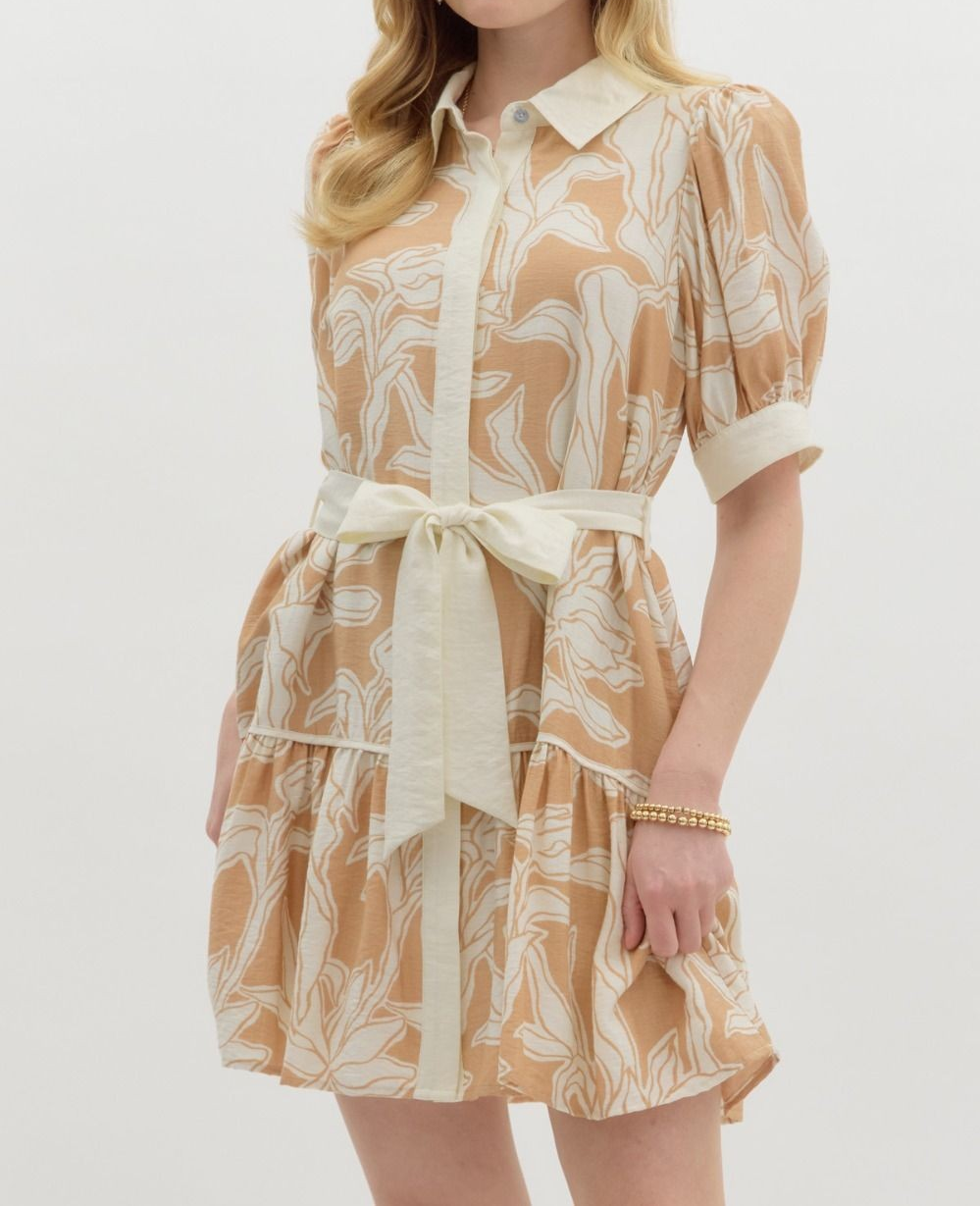 TAUPE FLORAL PUFF SLEEVE BUTTON DOWN RUFFLE HEM BELTED MINI DRESS