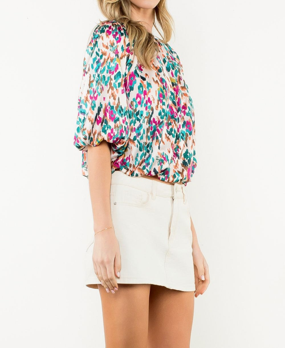 TEAL MULTI FLORAL PRINT ELASTIC HEM PUFF SLEEVE TOP