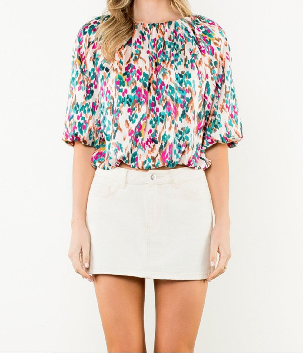 TEAL MULTI FLORAL PRINT ELASTIC HEM PUFF SLEEVE TOP
