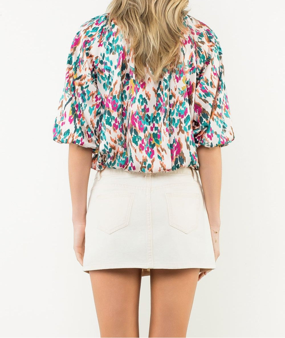TEAL MULTI FLORAL PRINT ELASTIC HEM PUFF SLEEVE TOP