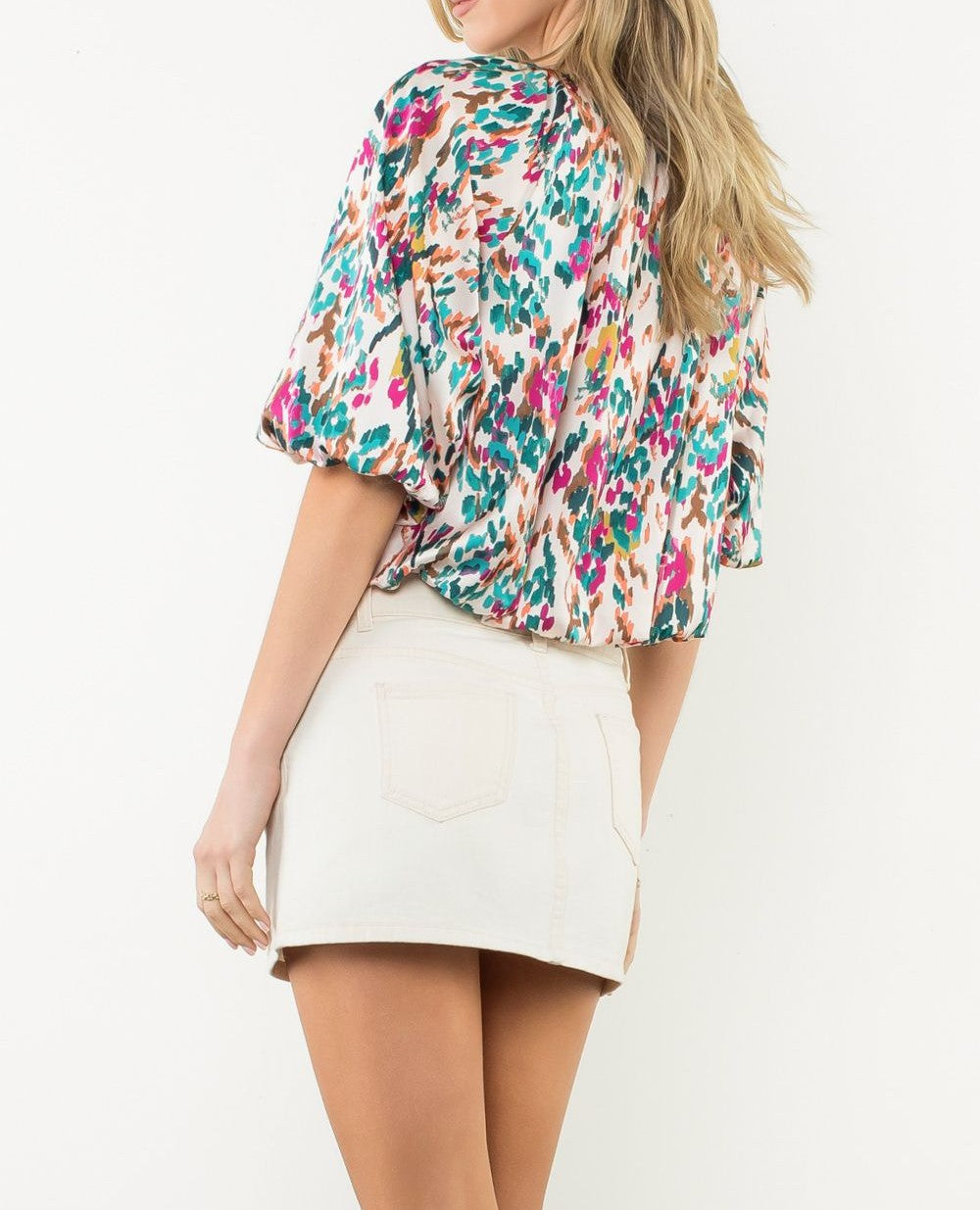 TEAL MULTI FLORAL PRINT ELASTIC HEM PUFF SLEEVE TOP