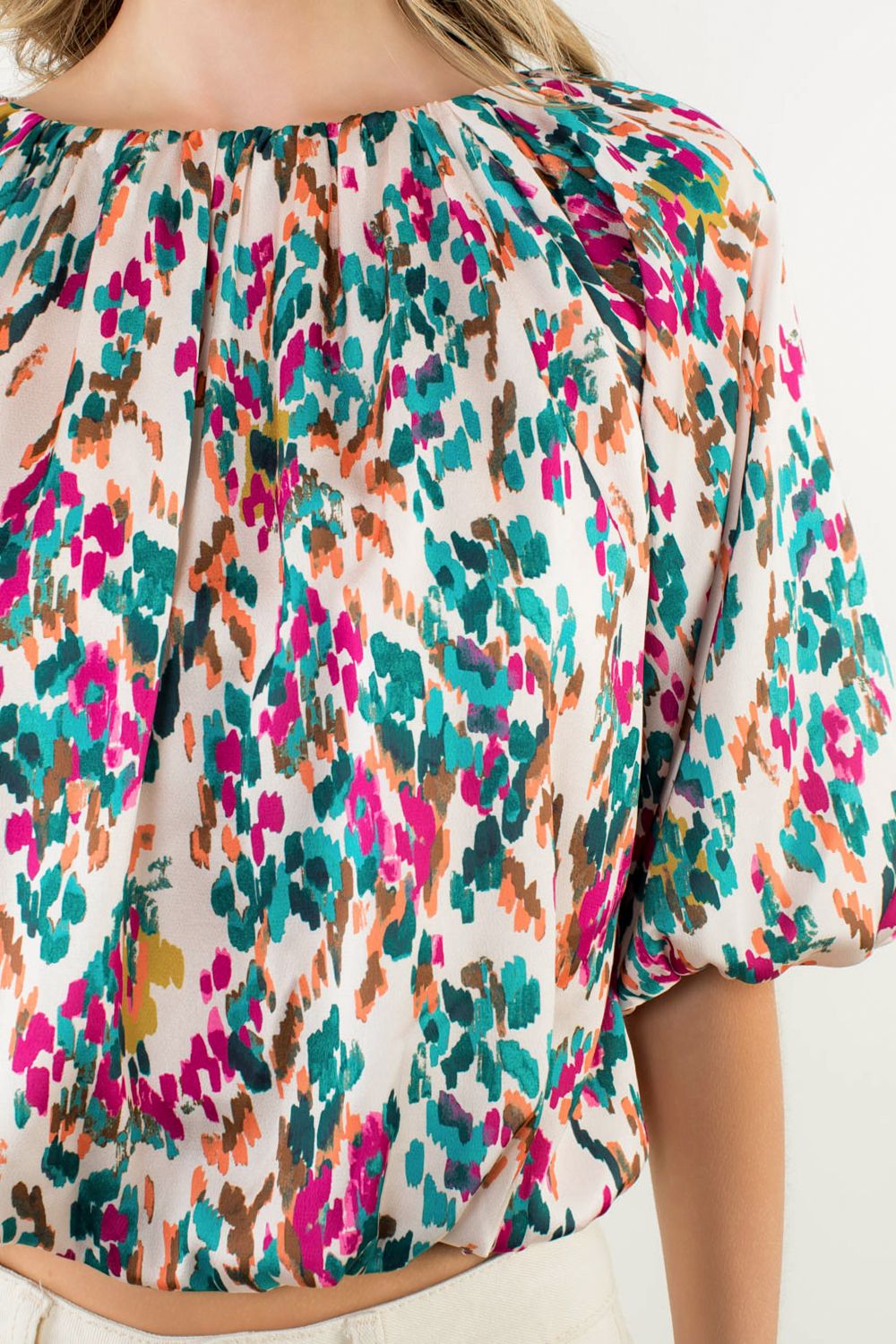 TEAL MULTI FLORAL PRINT ELASTIC HEM PUFF SLEEVE TOP