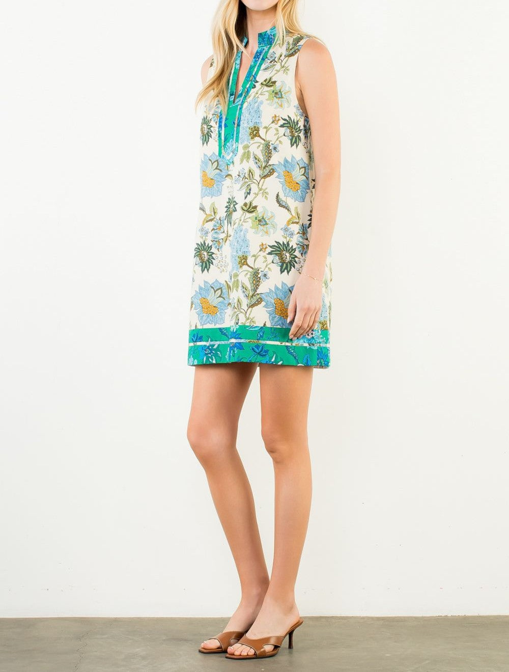 BLUE MIX FLORAL PRINT CONTRAST STRIPE SLEEVELESS MINI DRESS