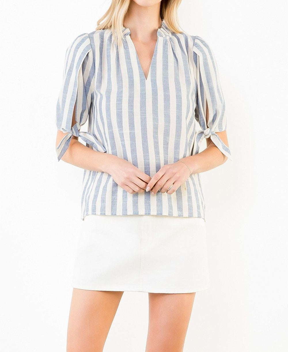 BLUE/CREAM STRIPED VNECK SHORT TIE SLEEVE TOP