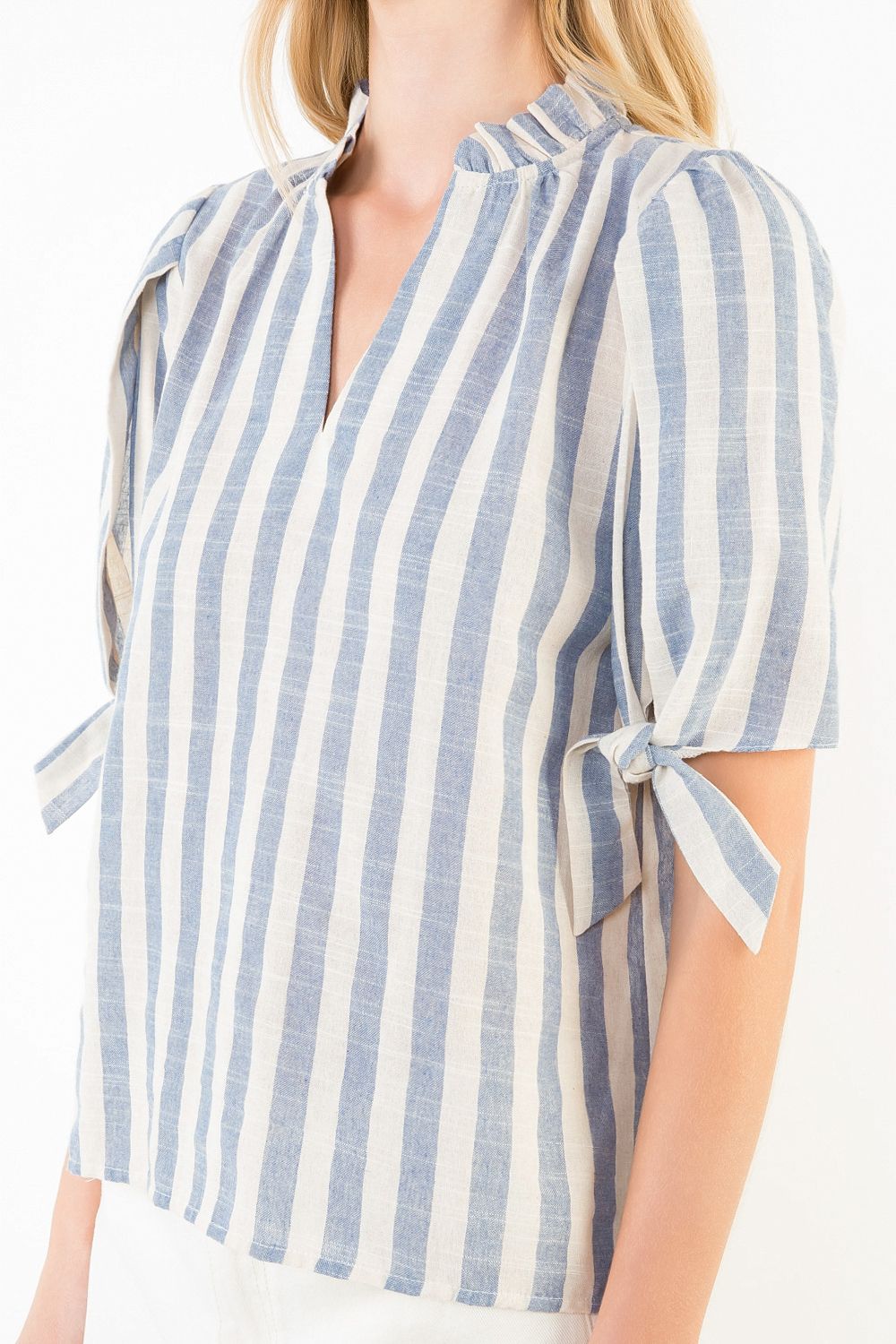 BLUE/CREAM STRIPED VNECK SHORT TIE SLEEVE TOP