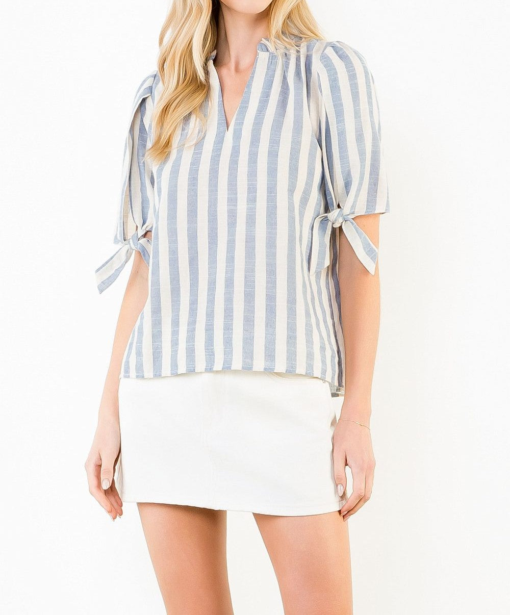 BLUE/CREAM STRIPED VNECK SHORT TIE SLEEVE TOP