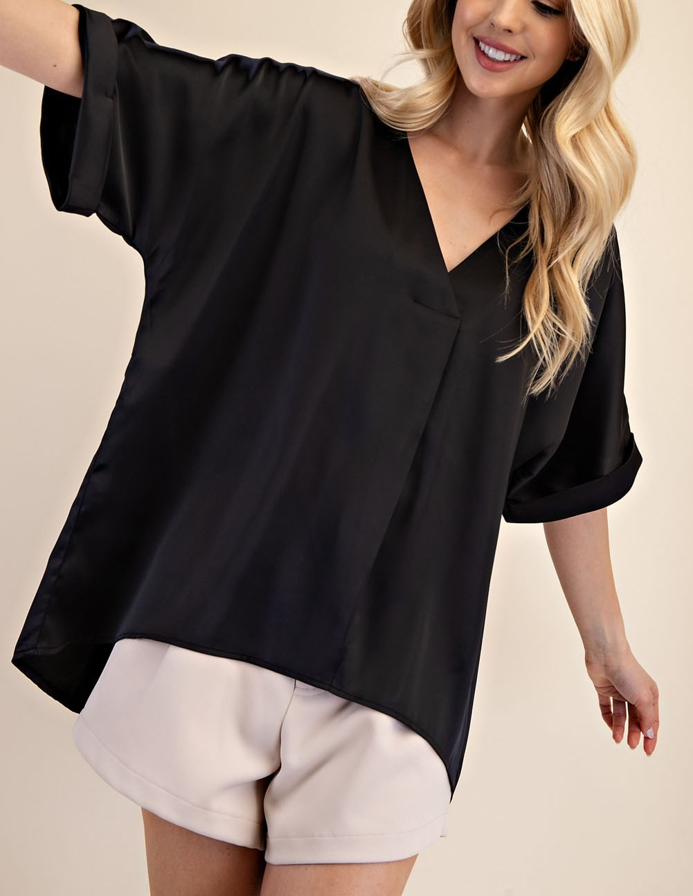 BLACK SATIN VNECK HIGH LOW BLOUSE