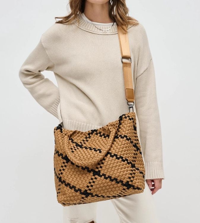 SAND BLACK WOVEN MEDIUM TOTE