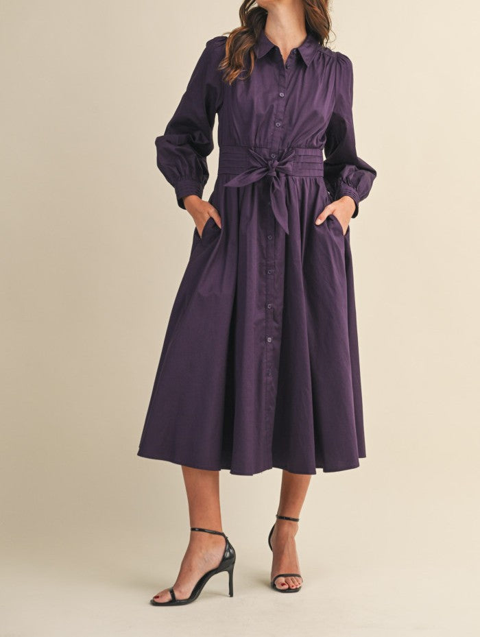 EGGPLANT TIE FRONT PINTUCK WAIST BUTTON DOWN MIDI DRESS