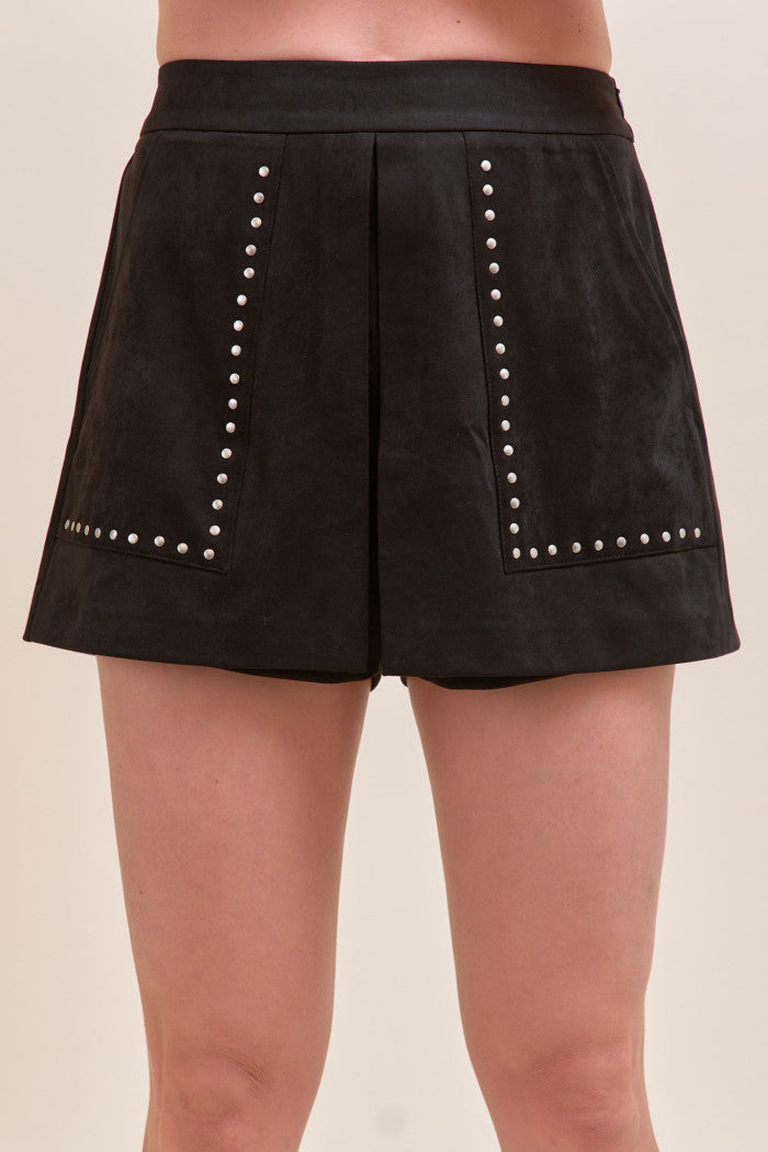 BLACK STUDDED SUEDE HIGH WAIST SKORT