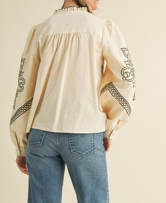 OAT MILK/OLIVE GREEN EMBROIDERED RUFFLED MOCK NECK LONG SLEEVE BUTTON UP TOP