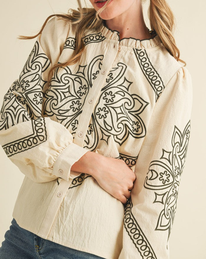 OAT MILK/OLIVE GREEN EMBROIDERED RUFFLED MOCK NECK LONG SLEEVE BUTTON UP TOP