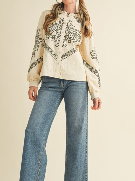 OAT MILK/OLIVE GREEN EMBROIDERED RUFFLED MOCK NECK LONG SLEEVE BUTTON UP TOP