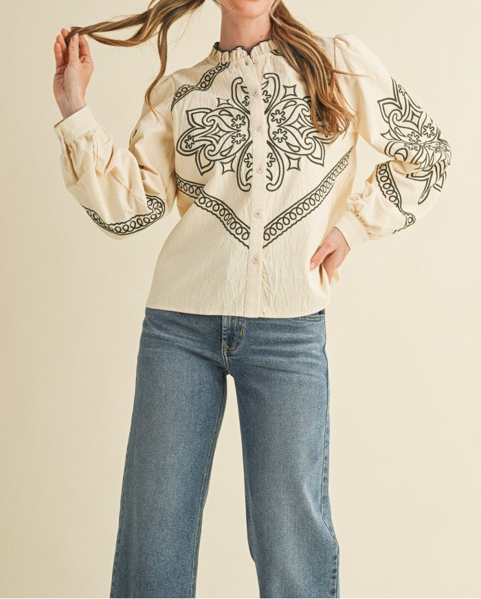 OAT MILK/OLIVE GREEN EMBROIDERED RUFFLED MOCK NECK LONG SLEEVE BUTTON UP TOP