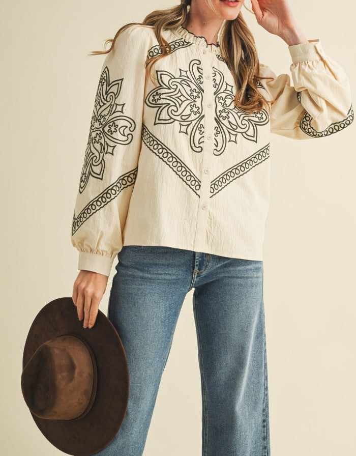 OAT MILK/OLIVE GREEN EMBROIDERED RUFFLED MOCK NECK LONG SLEEVE BUTTON UP TOP