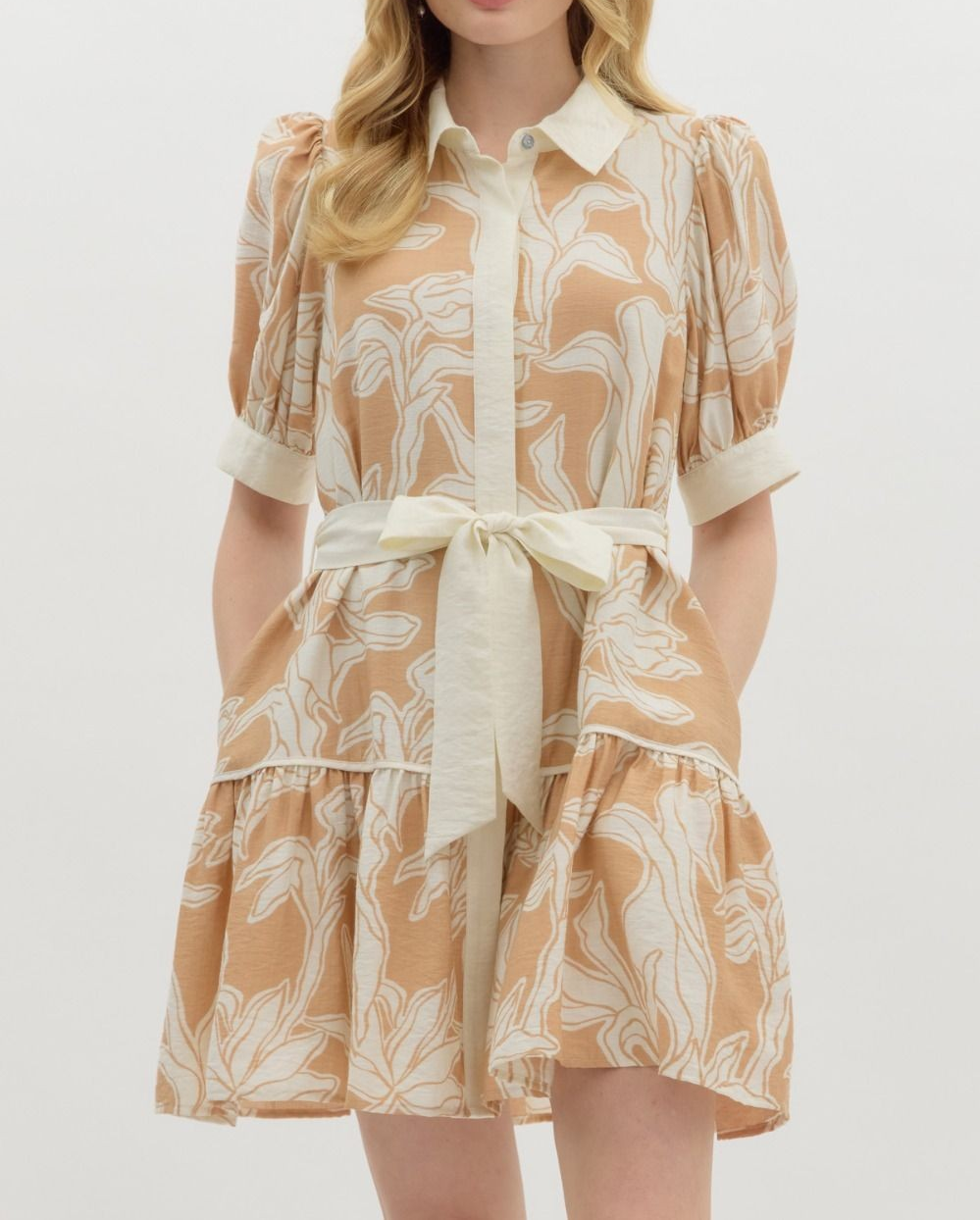 TAUPE FLORAL PUFF SLEEVE BUTTON DOWN RUFFLE HEM BELTED MINI DRESS