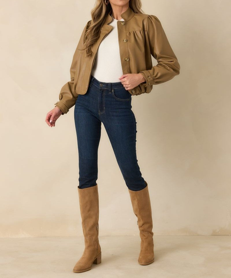 CARAMEL VEGAN LEATHER LONG SLEEVE BUTTON UP ASHLAND JACKET