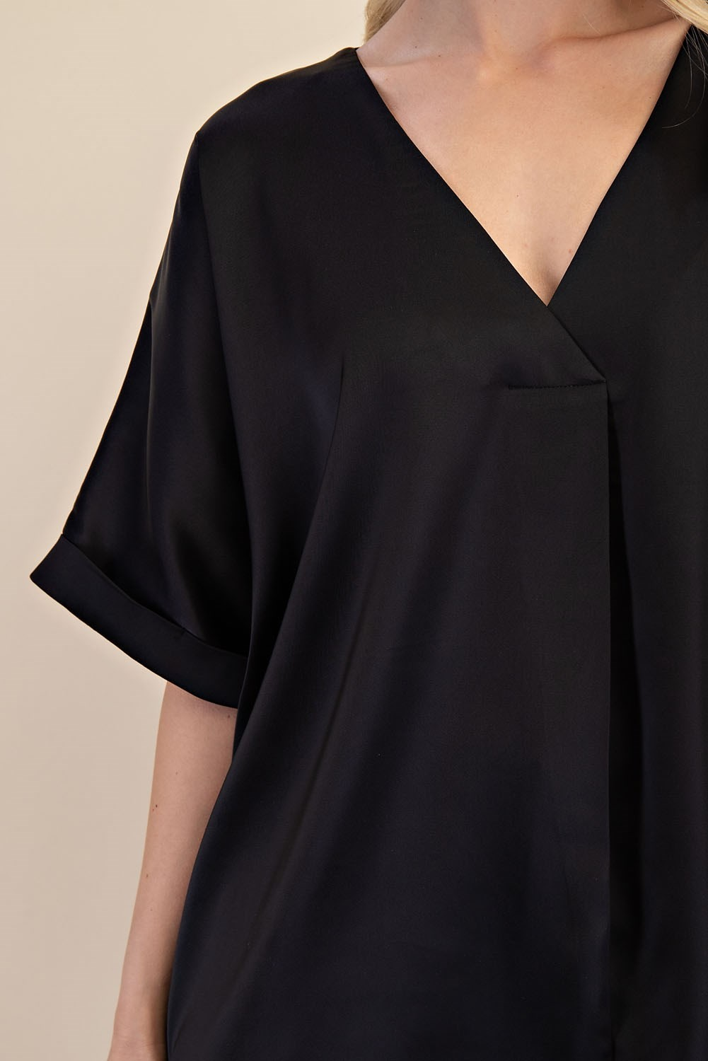 BLACK SATIN VNECK HIGH LOW BLOUSE