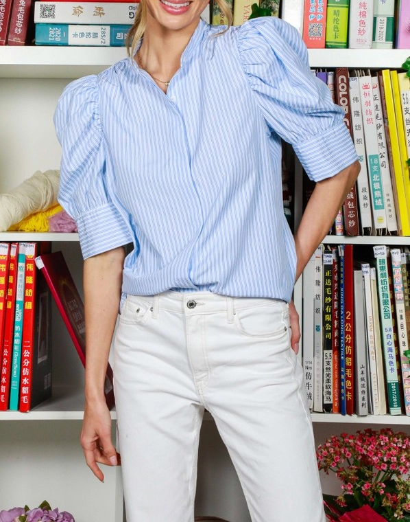 BLUE STRIPED STAND COLLAR PUFF SLEEVE BUTTON UP BLOUSE