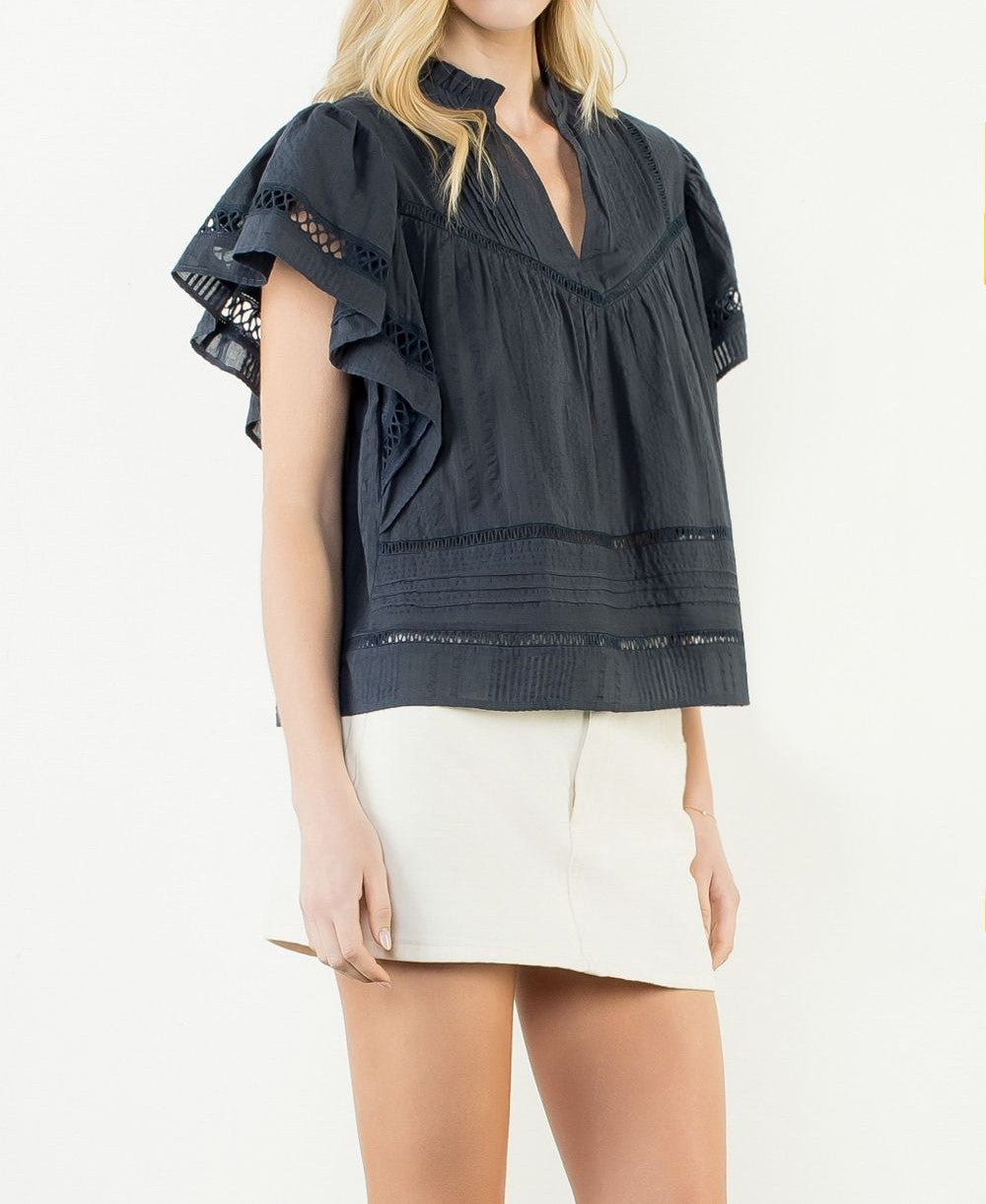 NAVY LACE DETAIL SHORT RUFFLE SLEEVE TOP