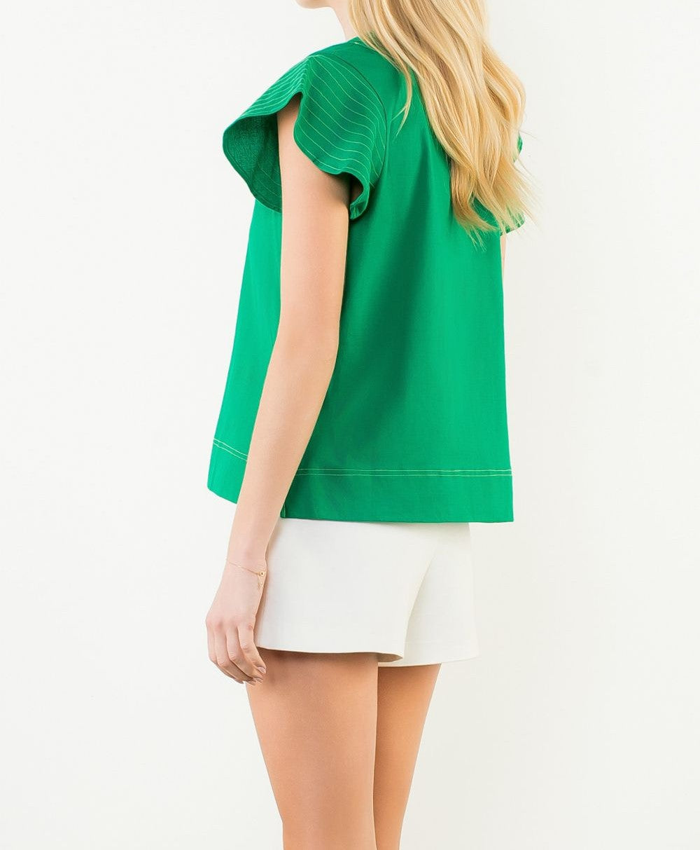 GREEN CONTRAST STITCH SHORT RUFFLE SLEEVE VNECK TOP