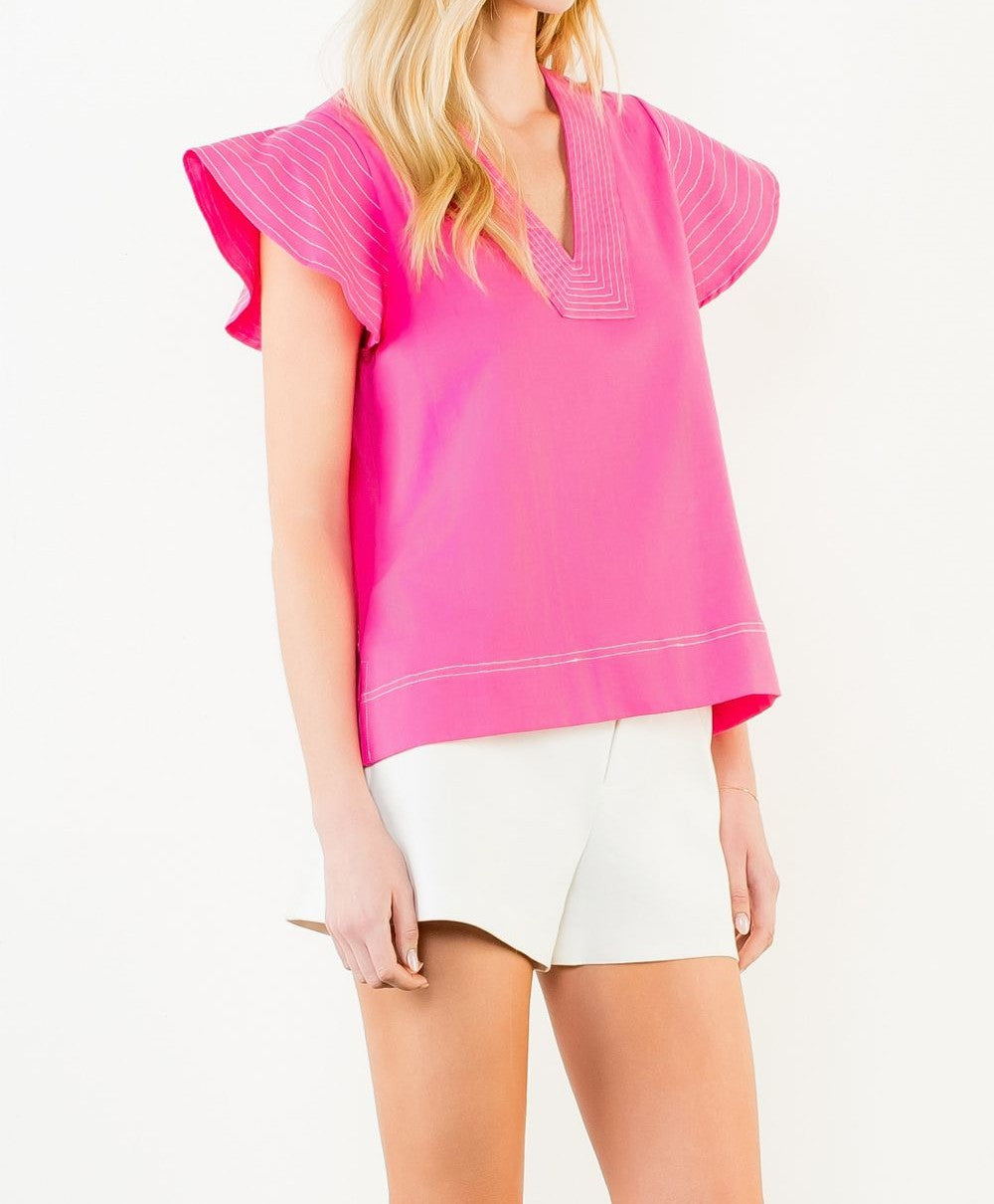 PINK CONTRAST STITCH SHORT RUFFLE SLEEVE VNECK TOP