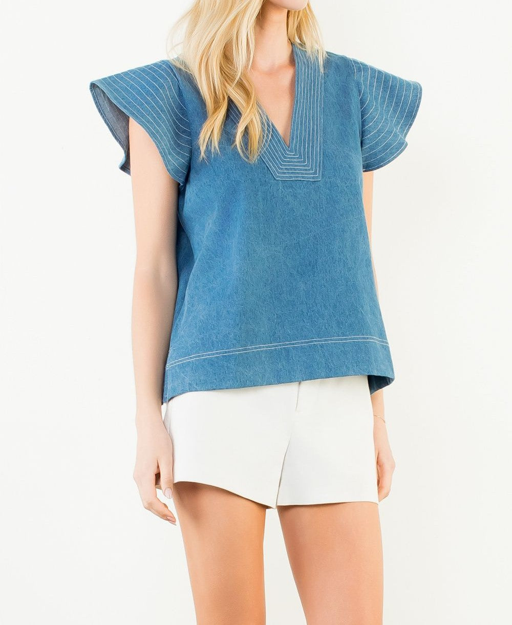 DENIM BLUE CONTRAST STITCH SHORT RUFFLE SLEEVE VNECK TOP