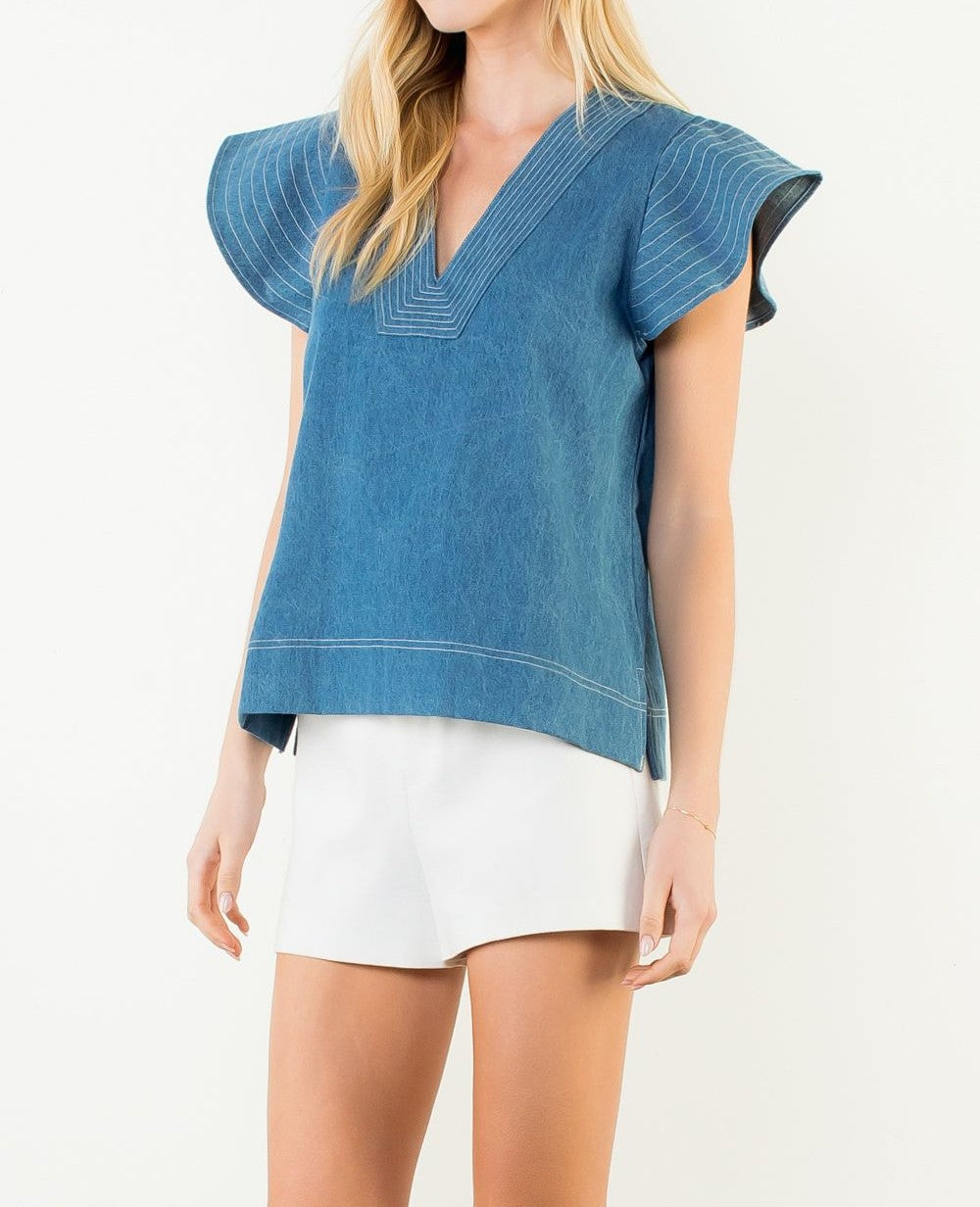 DENIM BLUE CONTRAST STITCH SHORT RUFFLE SLEEVE VNECK TOP