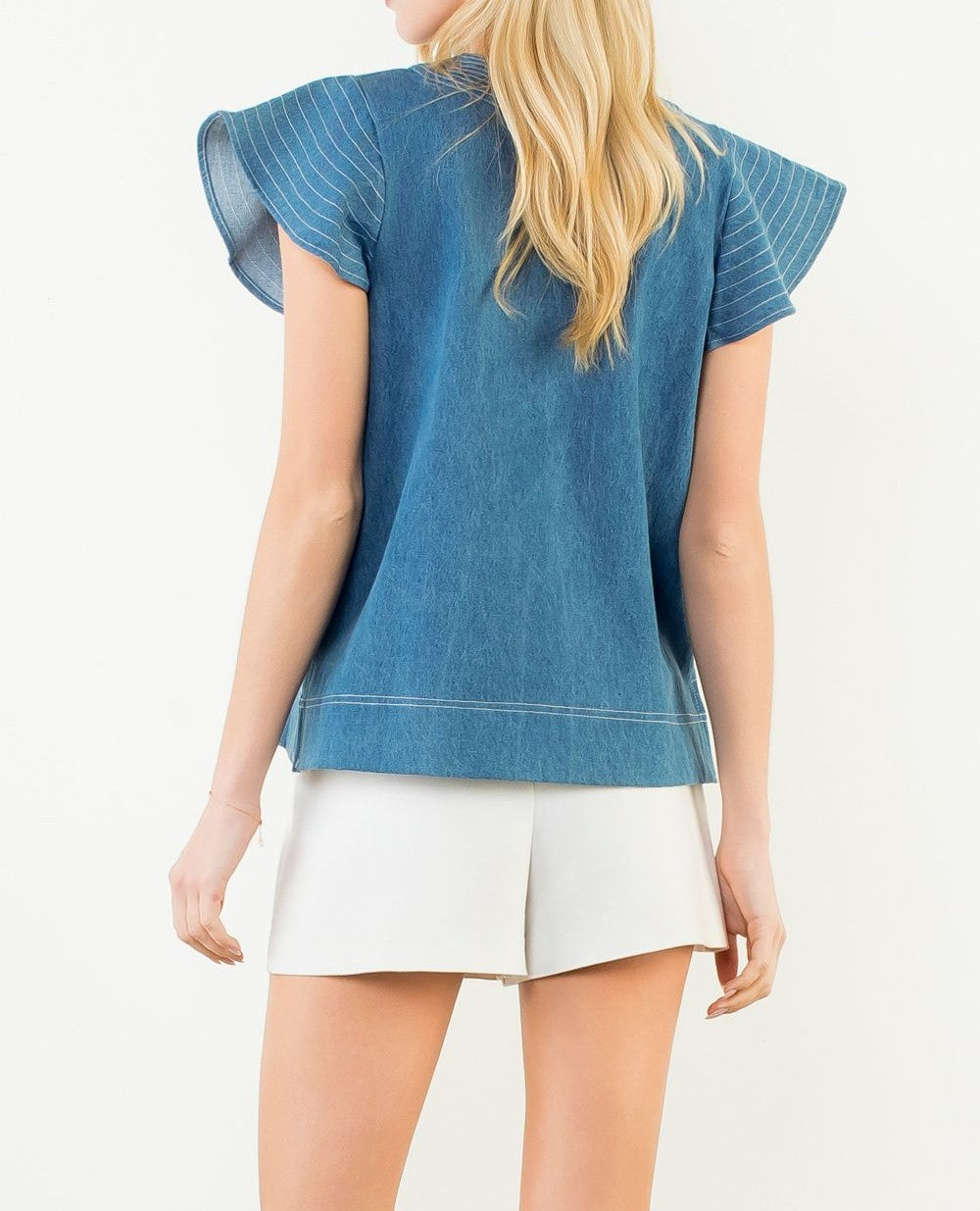 DENIM BLUE CONTRAST STITCH SHORT RUFFLE SLEEVE VNECK TOP