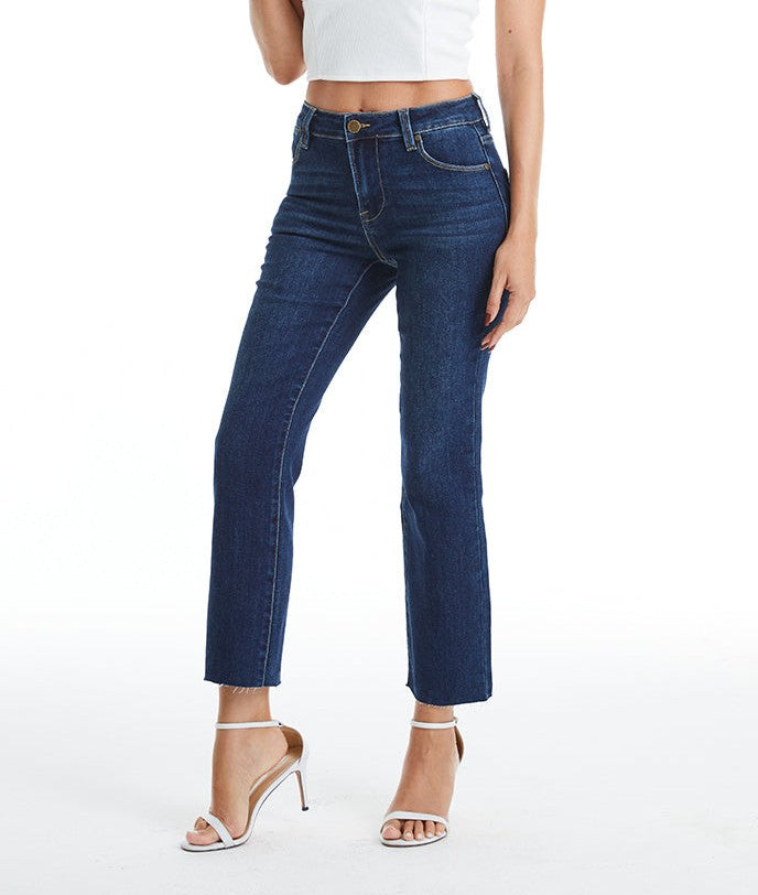 DARK BLUE MID RISE STRAIGHT LEG RAW HEM JEAN