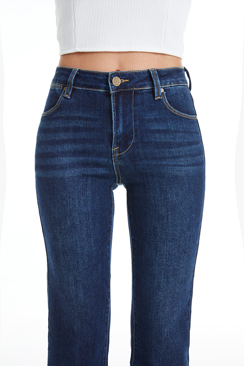 DARK BLUE MID RISE STRAIGHT LEG RAW HEM JEAN
