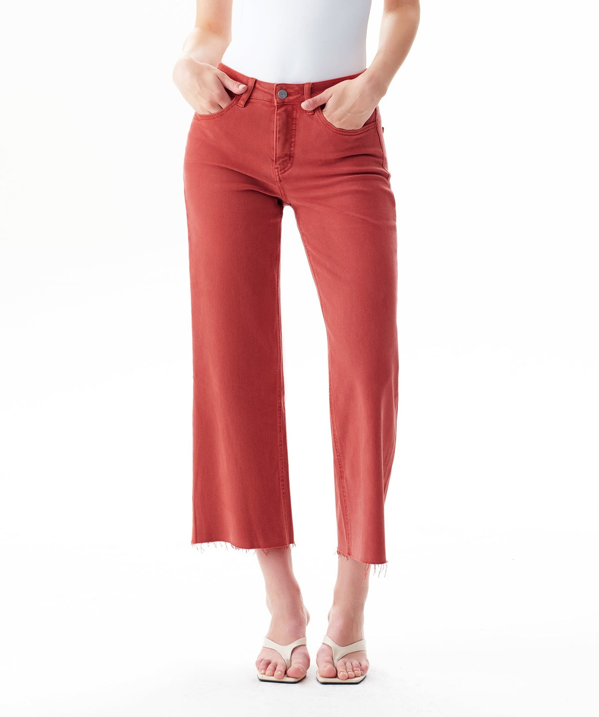 SUGAR CORAL MID RISE STRAIGHT FLARE LEG RAW HEM JEAN