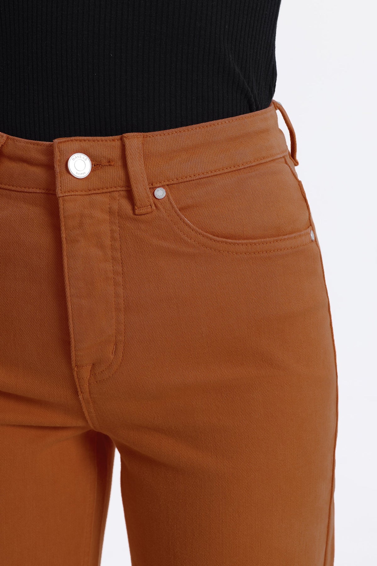 BURNT ORANGE HIGH RISE RAW HEM WIDE LEG JEAN