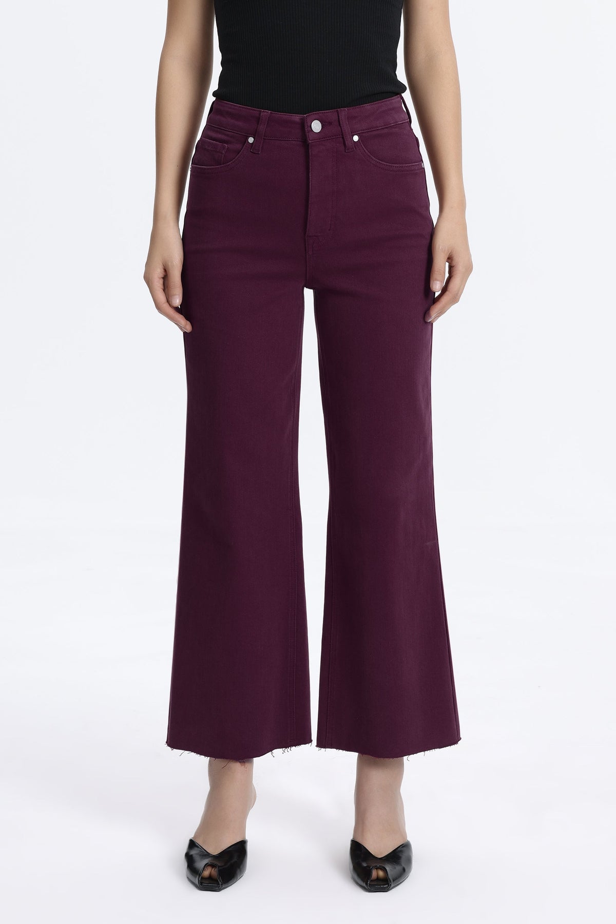 MAROON HIGH RISE RAW HEM WIDE LEG JEAN