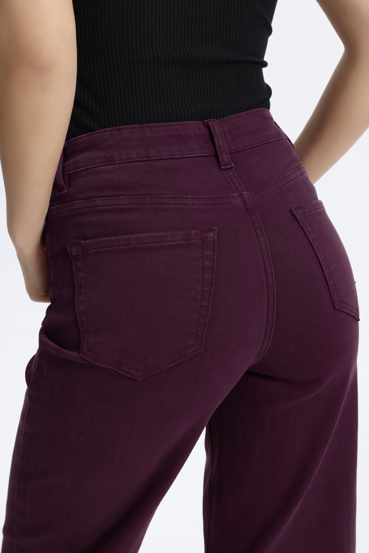 MAROON HIGH RISE RAW HEM WIDE LEG JEAN
