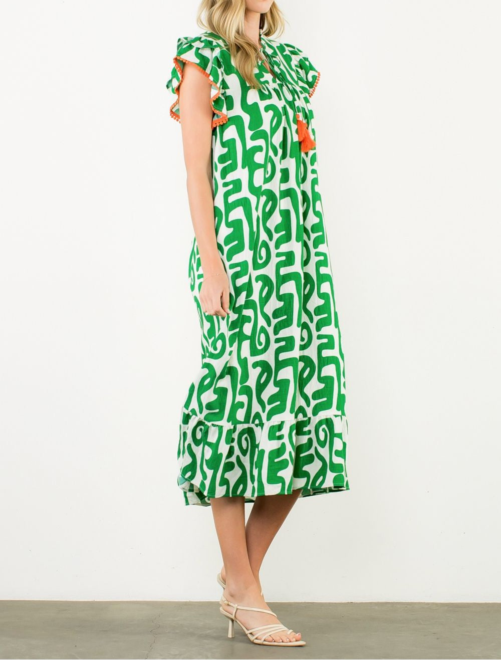 GREEN PRINTED TASSEL TIE FLUTTER SLEEVE MAXI DRESS