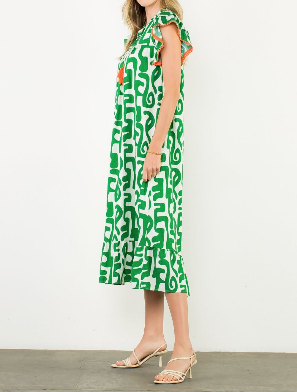 GREEN PRINTED TASSEL TIE FLUTTER SLEEVE MAXI DRESS