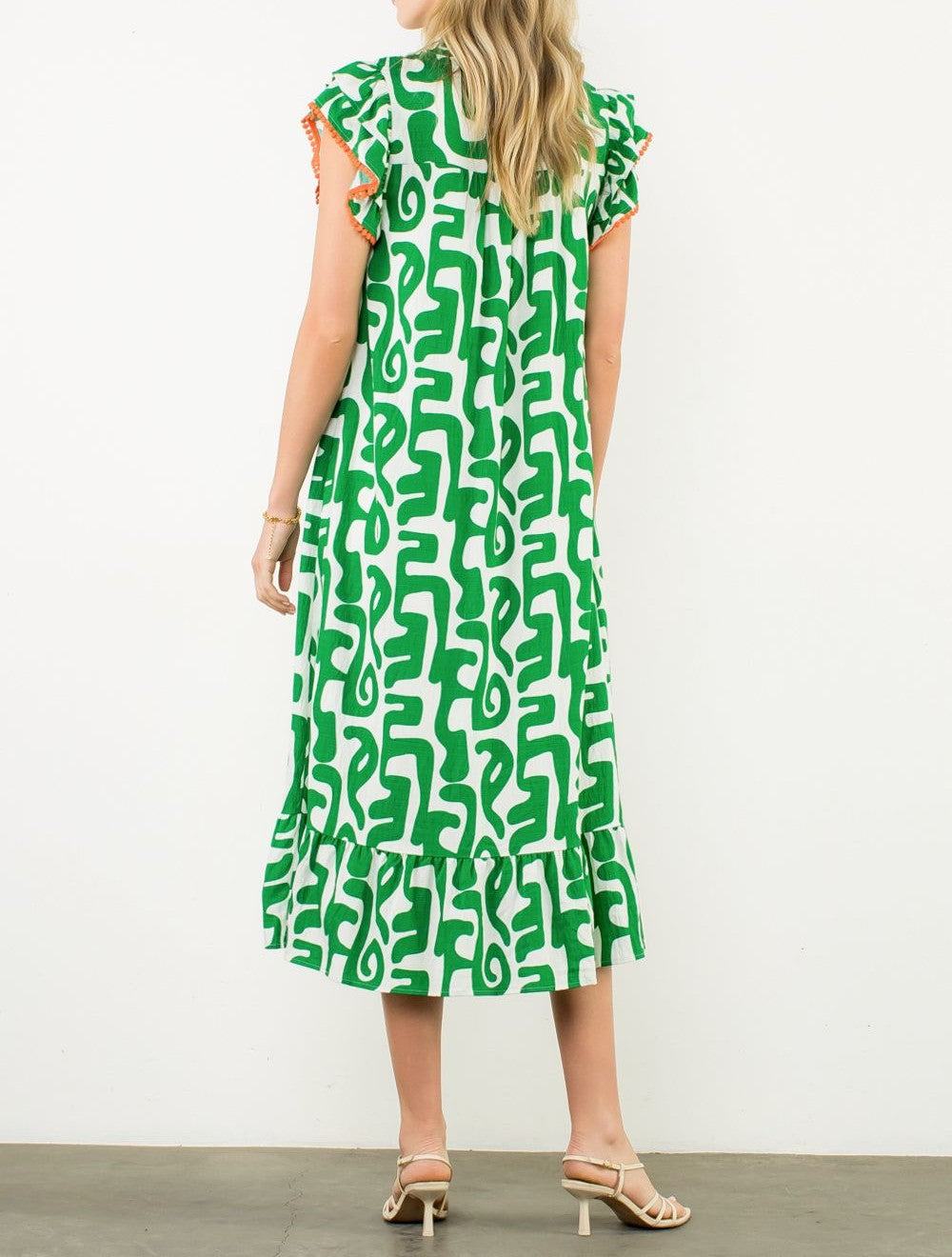 GREEN PRINTED TASSEL TIE FLUTTER SLEEVE MAXI DRESS