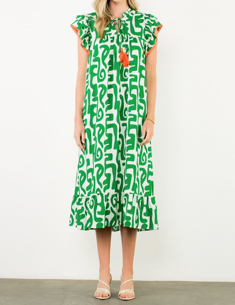 GREEN PRINTED TASSEL TIE FLUTTER SLEEVE MAXI DRESS