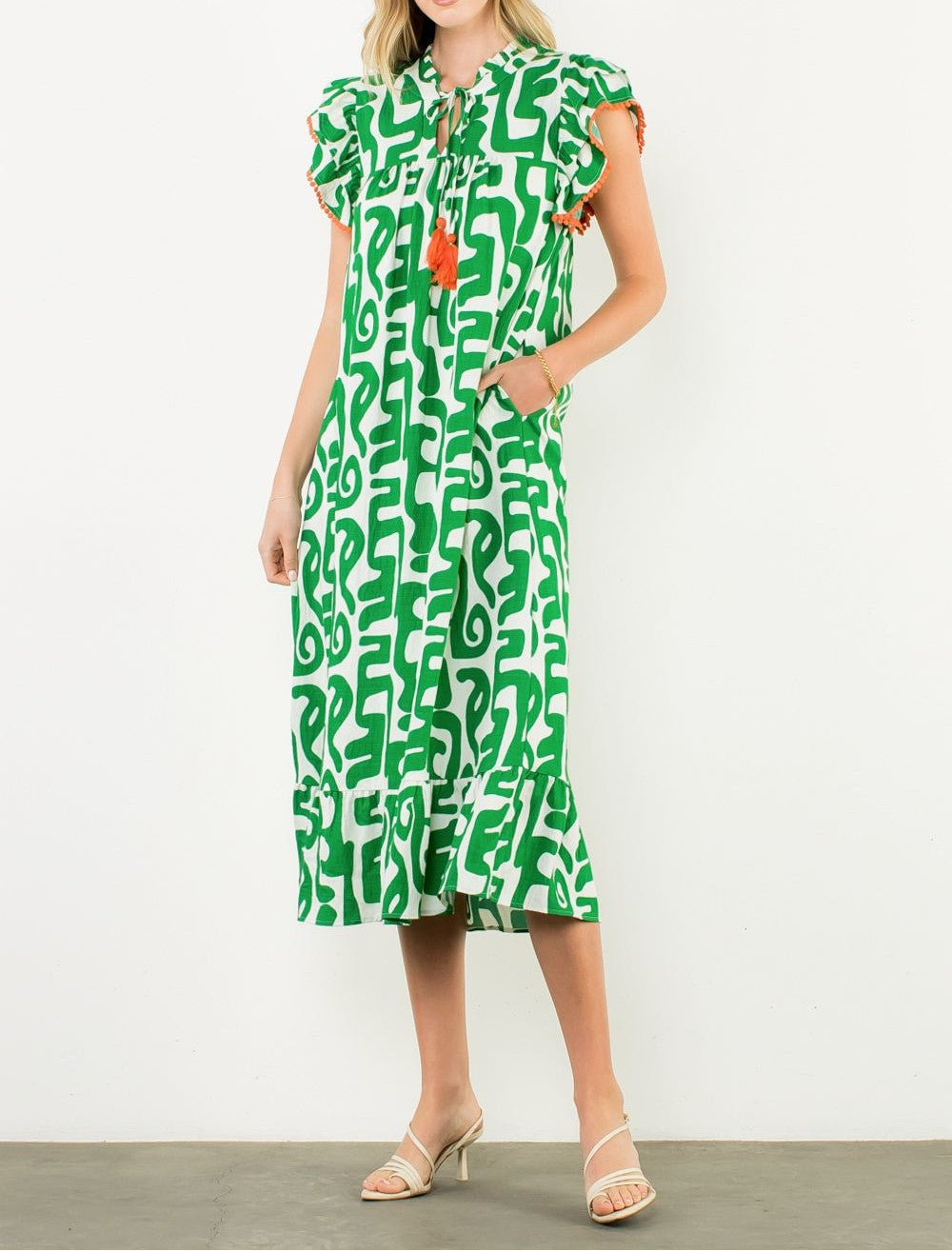GREEN PRINTED TASSEL TIE FLUTTER SLEEVE MAXI DRESS