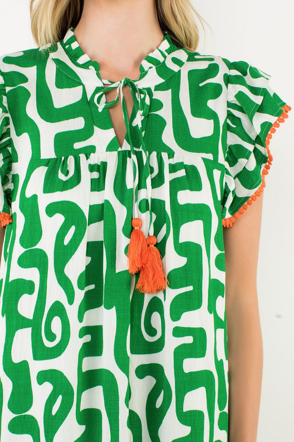 GREEN PRINTED TASSEL TIE FLUTTER SLEEVE MAXI DRESS