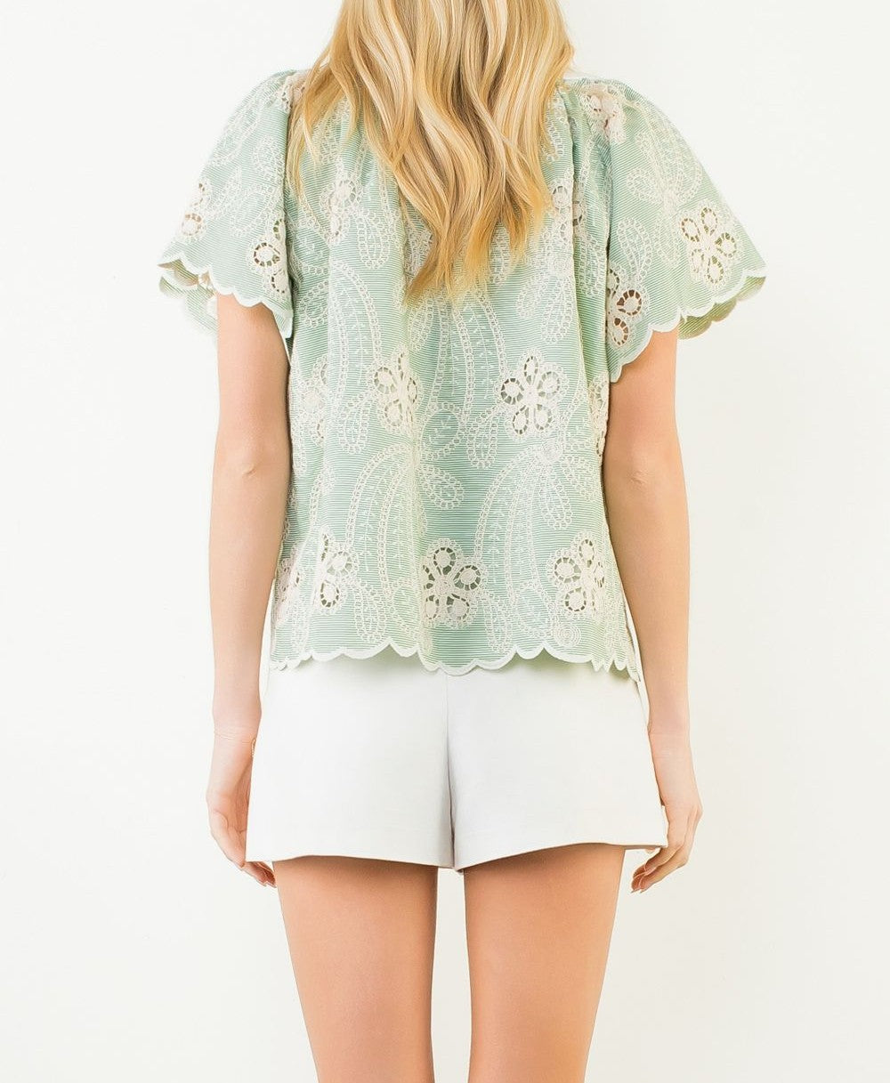 GREEN/WHITE FLORAL LACE SCALLOP HEM SHORT SLEEVE TOP