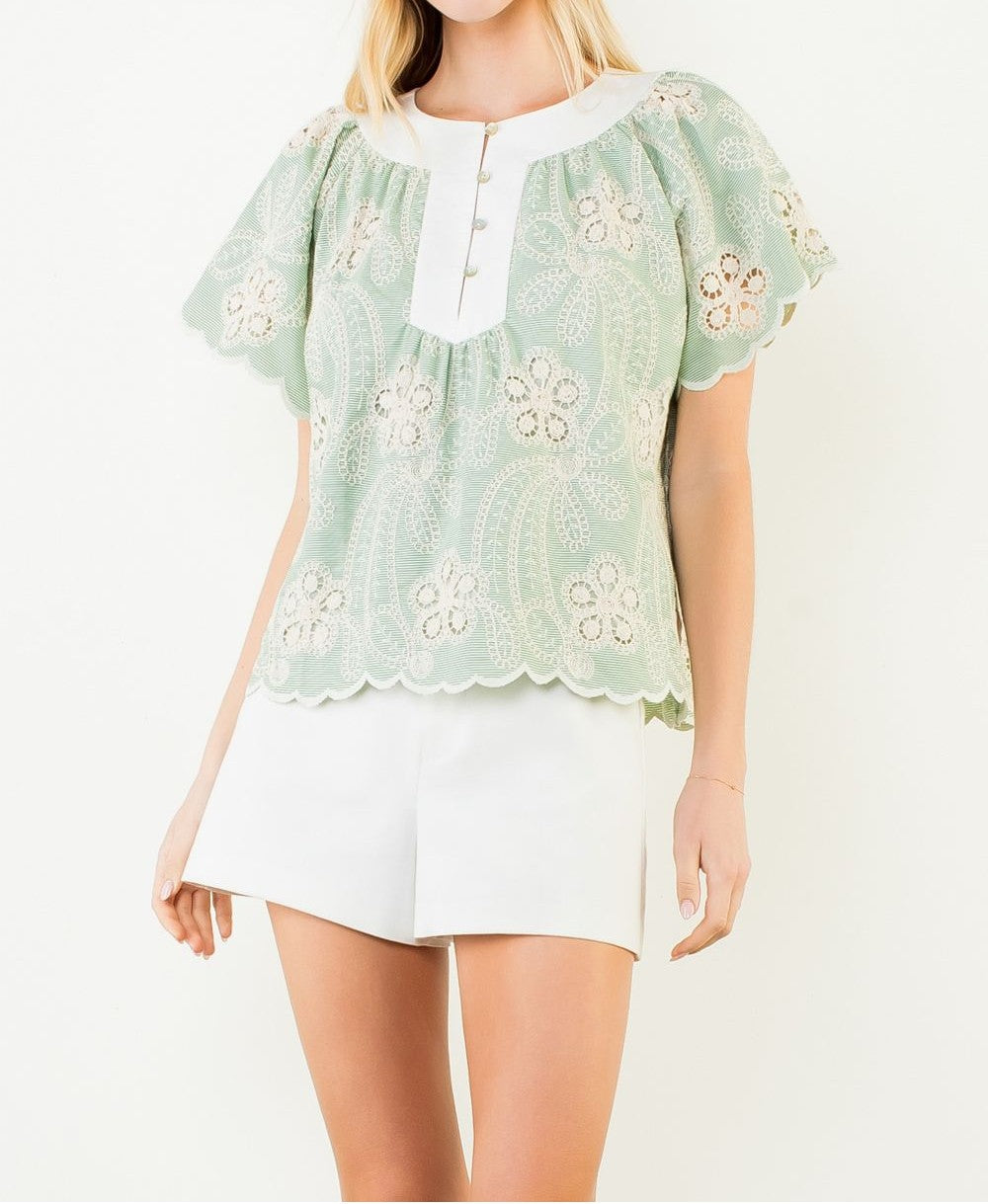 GREEN/WHITE FLORAL LACE SCALLOP HEM SHORT SLEEVE TOP
