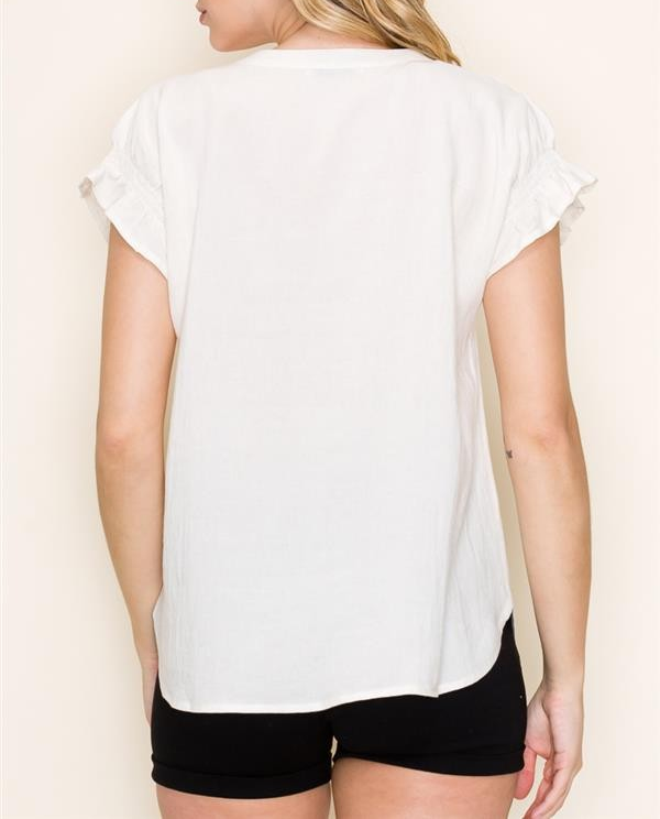 NATURAL VNECK RUFFLED GATHERED HEM SHORT SLEEVE TOP