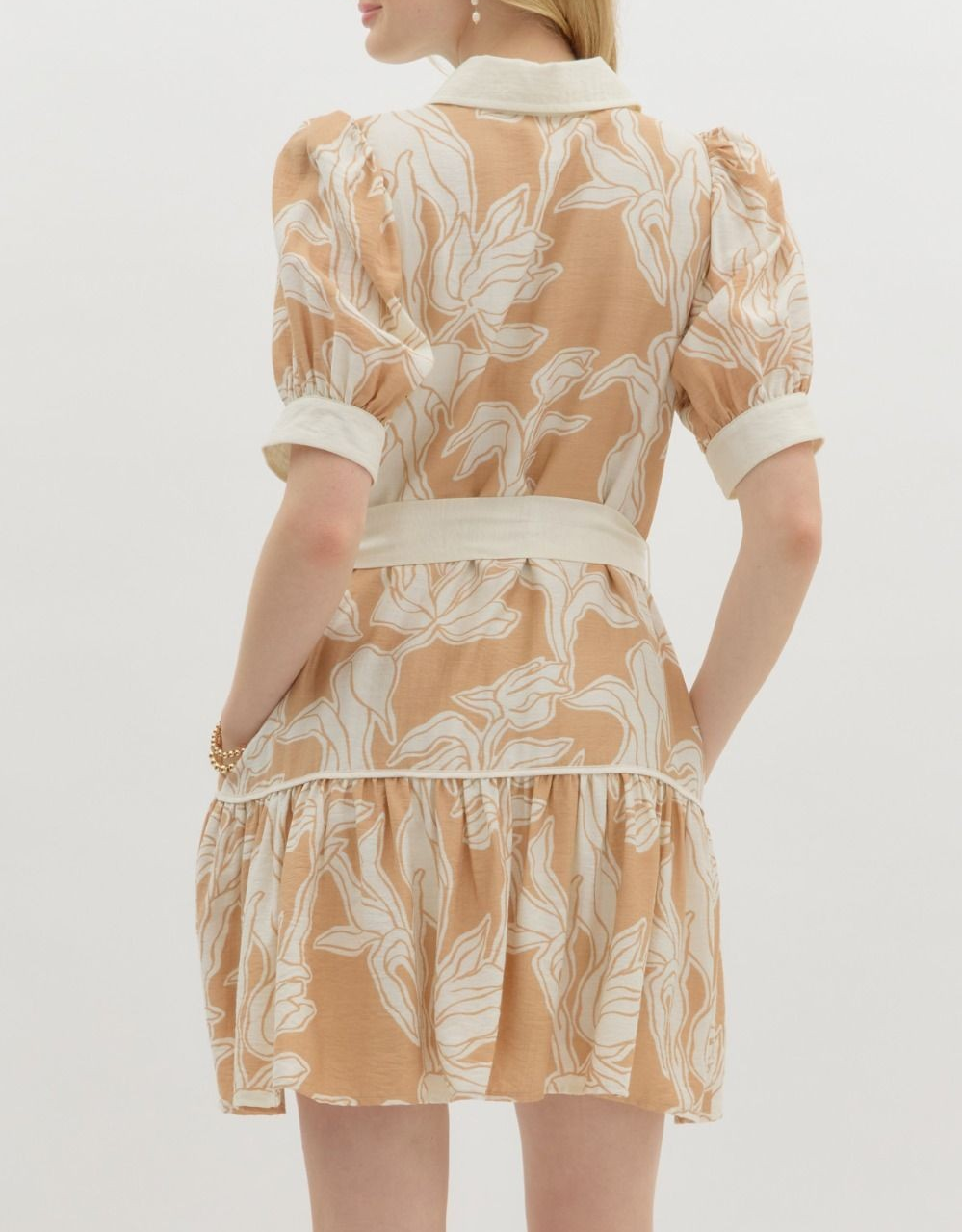 TAUPE FLORAL PUFF SLEEVE BUTTON DOWN RUFFLE HEM BELTED MINI DRESS