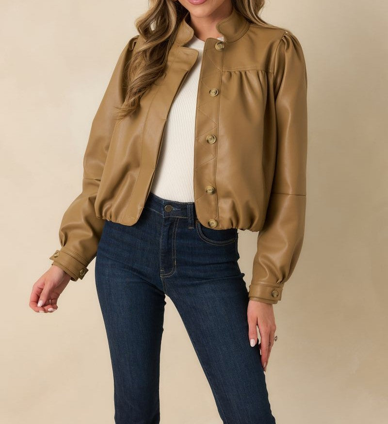 CARAMEL VEGAN LEATHER LONG SLEEVE BUTTON UP ASHLAND JACKET